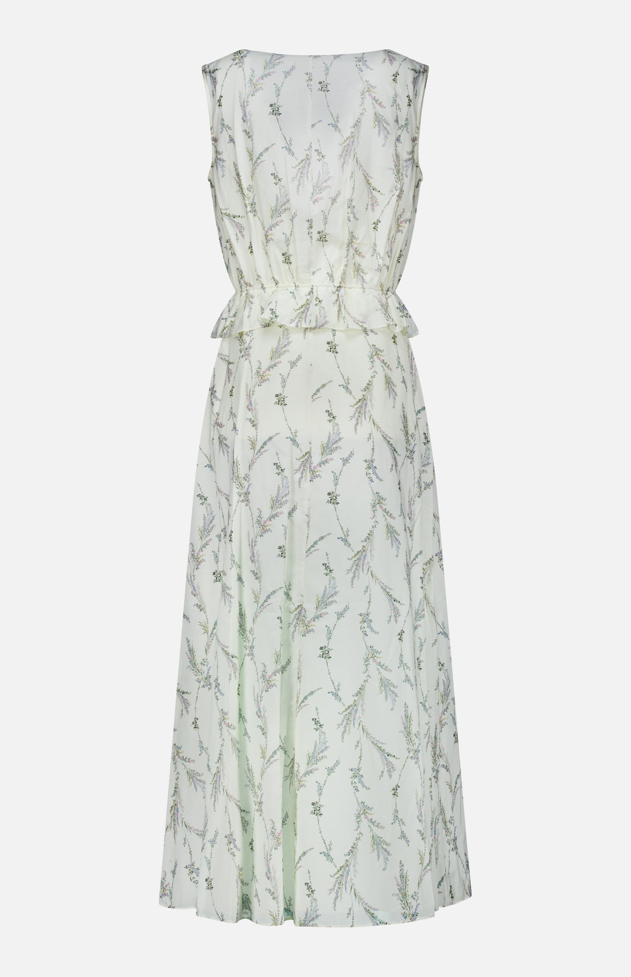 The Sleeveless Dominick Prairie Floral Dress by VERONICA BEARD features an ivory cotton-silk voile with subtle prairie florals, a cinched gathered waist, and a flowing silhouette for effortless elegance.