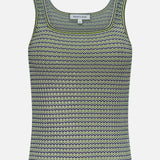 A sleeveless, fitted pistachio Square Neck Sandra Knit Tank Top by VERONICA BEARD with a green, black, and white chevron print. Displayed on a plain white background.