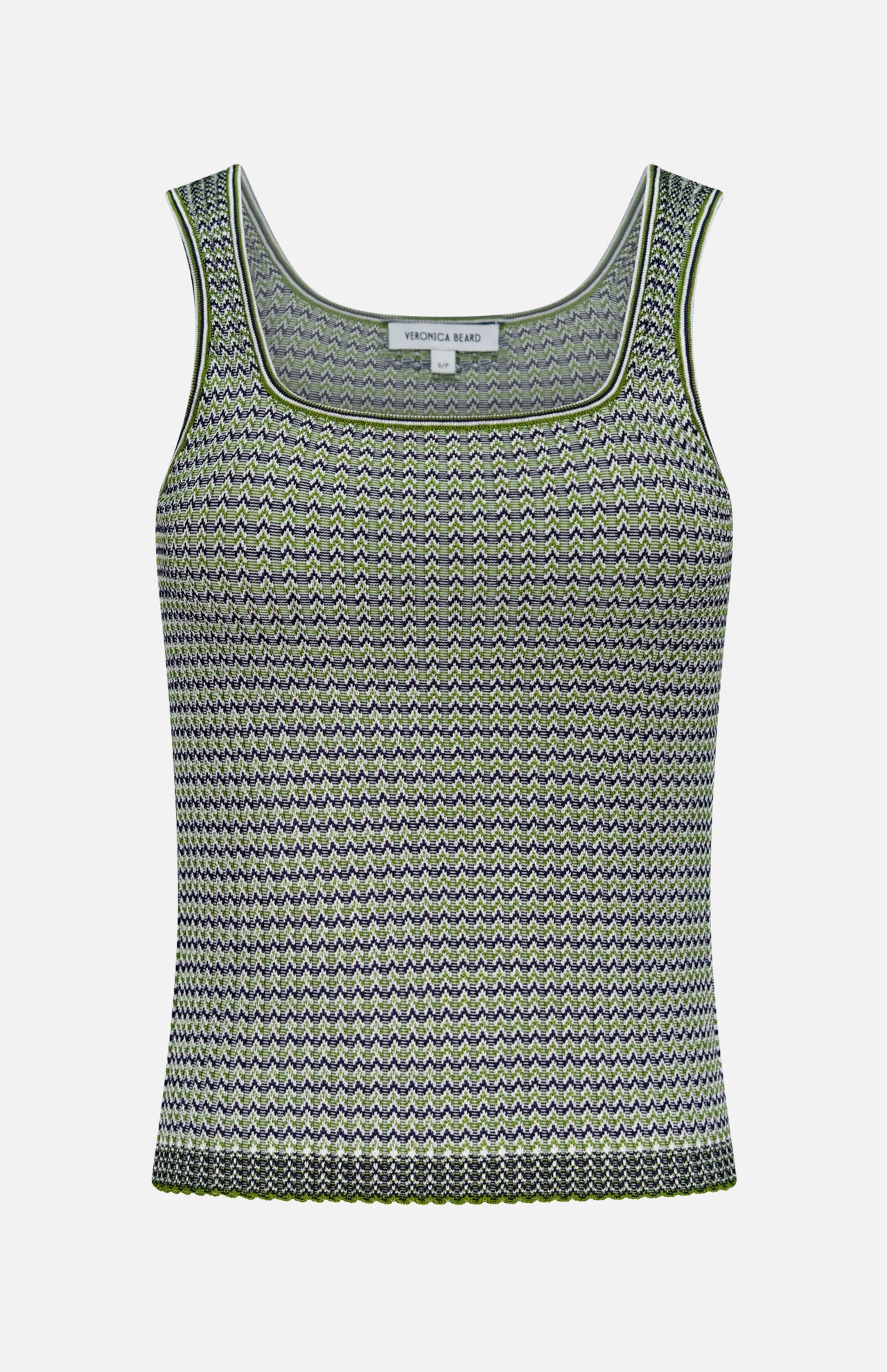 A sleeveless, fitted pistachio Square Neck Sandra Knit Tank Top by VERONICA BEARD with a green, black, and white chevron print. Displayed on a plain white background.