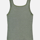 The VERONICA BEARD Square Neck Sandra Knit Tank Top is a sleeveless pistachio tank with a chevron knit pattern in green, black, and white, shown laid flat on a white background.