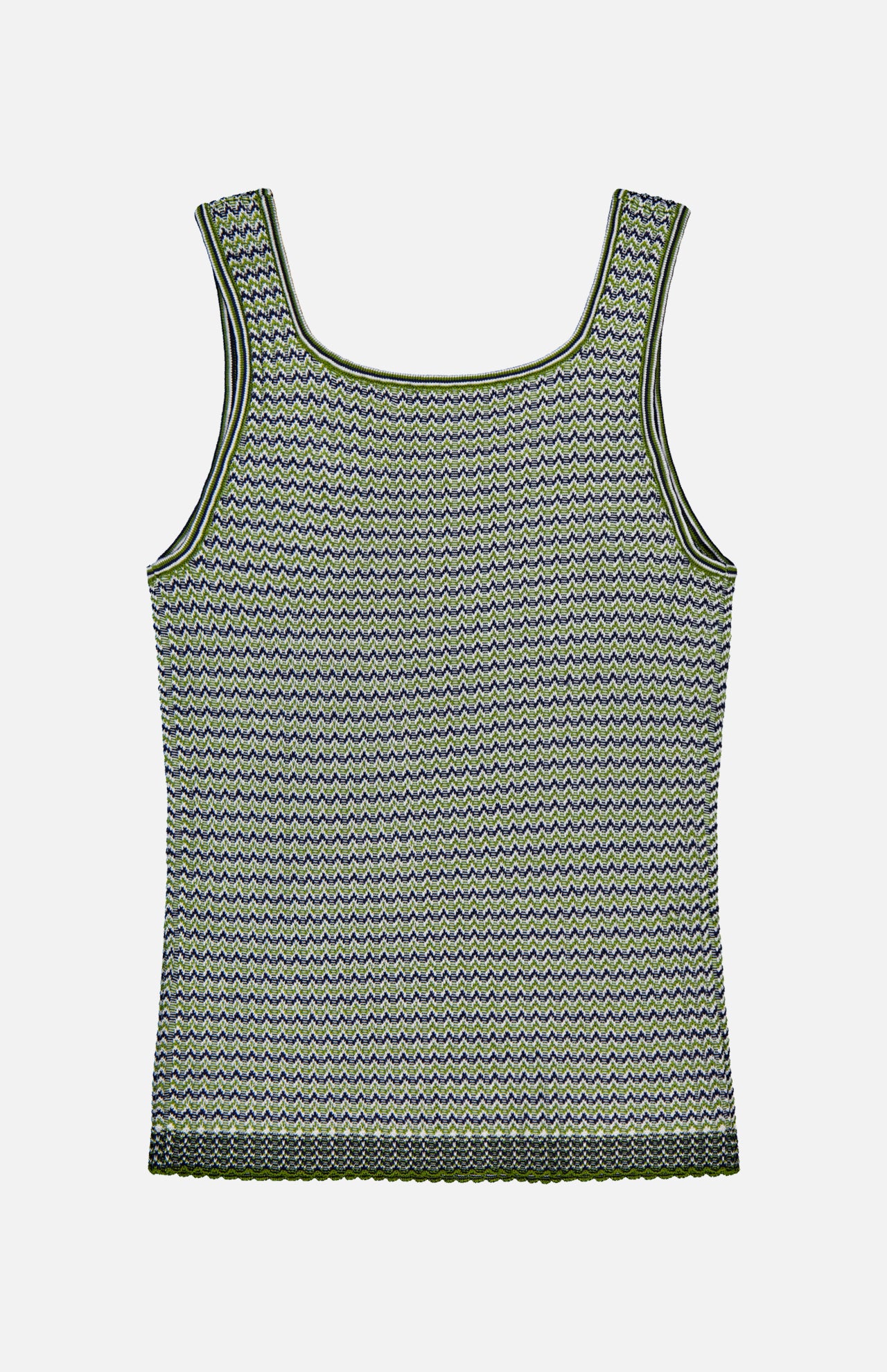 The VERONICA BEARD Square Neck Sandra Knit Tank Top is a sleeveless pistachio tank with a chevron knit pattern in green, black, and white, shown laid flat on a white background.