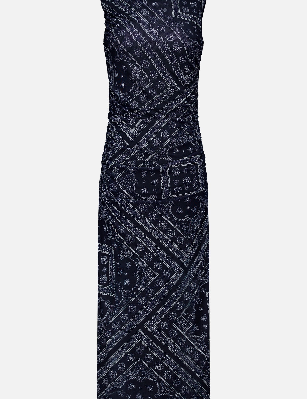 The Sylviani Bandana-inspired Midi Dress by VERONICA BEARD features a sleeveless bodycon fit, ruched sides, and a dark blue paisley pattern, showcased against a plain light background.
