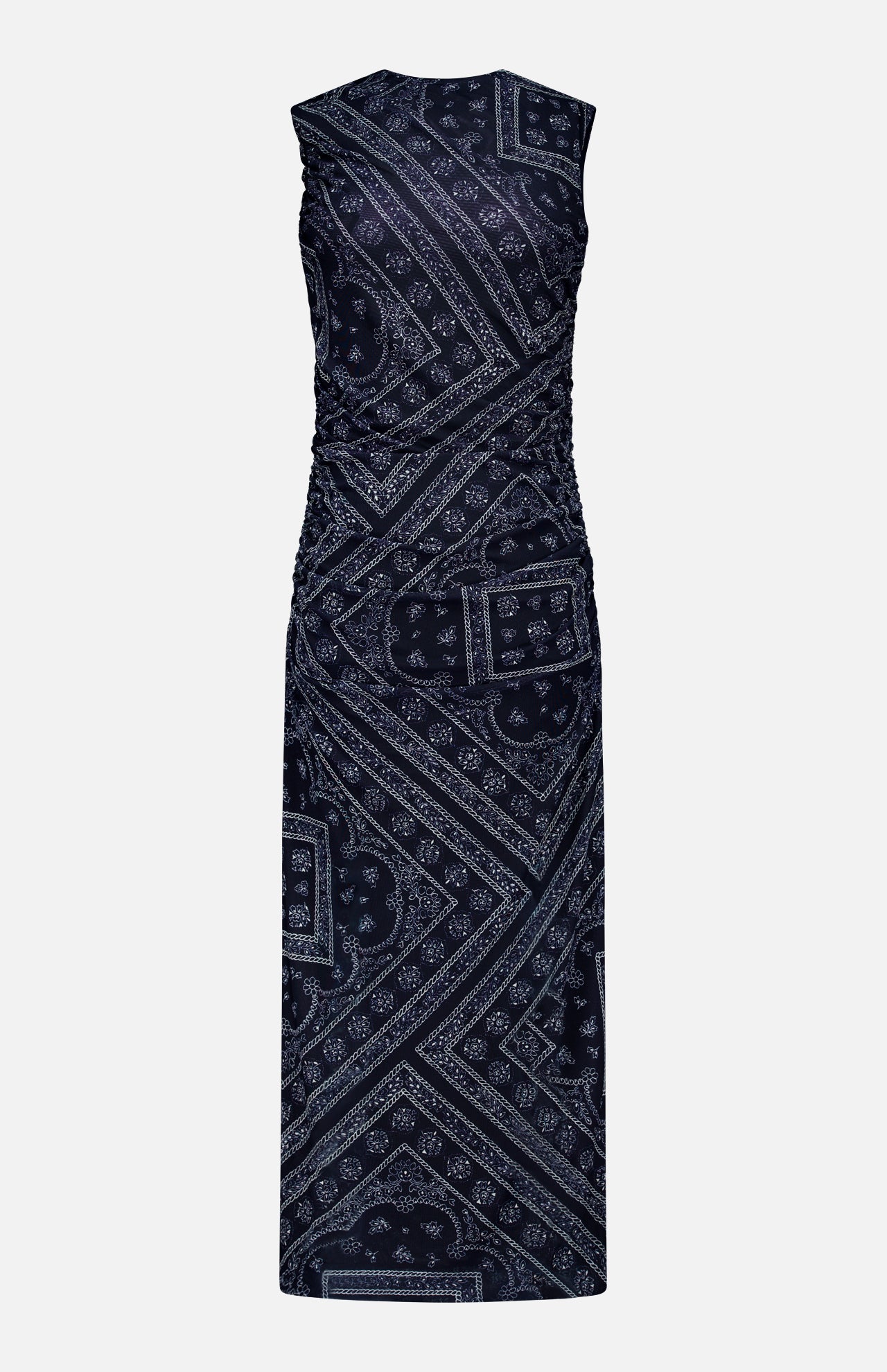 The Sylviani Bandana-inspired Midi Dress by VERONICA BEARD features a sleeveless bodycon fit, ruched sides, and a dark blue paisley pattern, showcased against a plain light background.