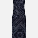 The Sylviani Bandana-inspired Midi Dress by VERONICA BEARD is a navy blue sleeveless bodycon dress with a ruched side and white geometric print, featuring a fitted silhouette and no visible fastenings, shown on a plain white background.
