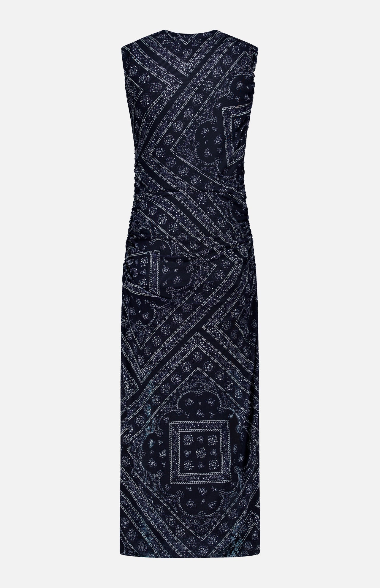 The Sylviani Bandana-inspired Midi Dress by VERONICA BEARD is a navy blue sleeveless bodycon dress with a ruched side and white geometric print, featuring a fitted silhouette and no visible fastenings, shown on a plain white background.