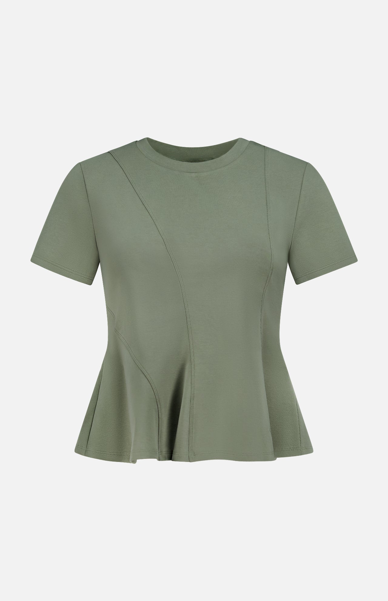 The Syverin Asymmetrical Paneling T-shirt by VERONICA BEARD features olive green stretch cotton, short sleeves, a round neck, decorative curved seams, and a peplum hem, shown against a plain white background.