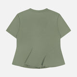 The VERONICA BEARD Syverin Asymmetrical Paneling T-shirt in light olive green features a short-sleeve design, subtle diagonal seam details, a slightly flared peplum hem, and is made from comfortable stretch cotton tee fabric.