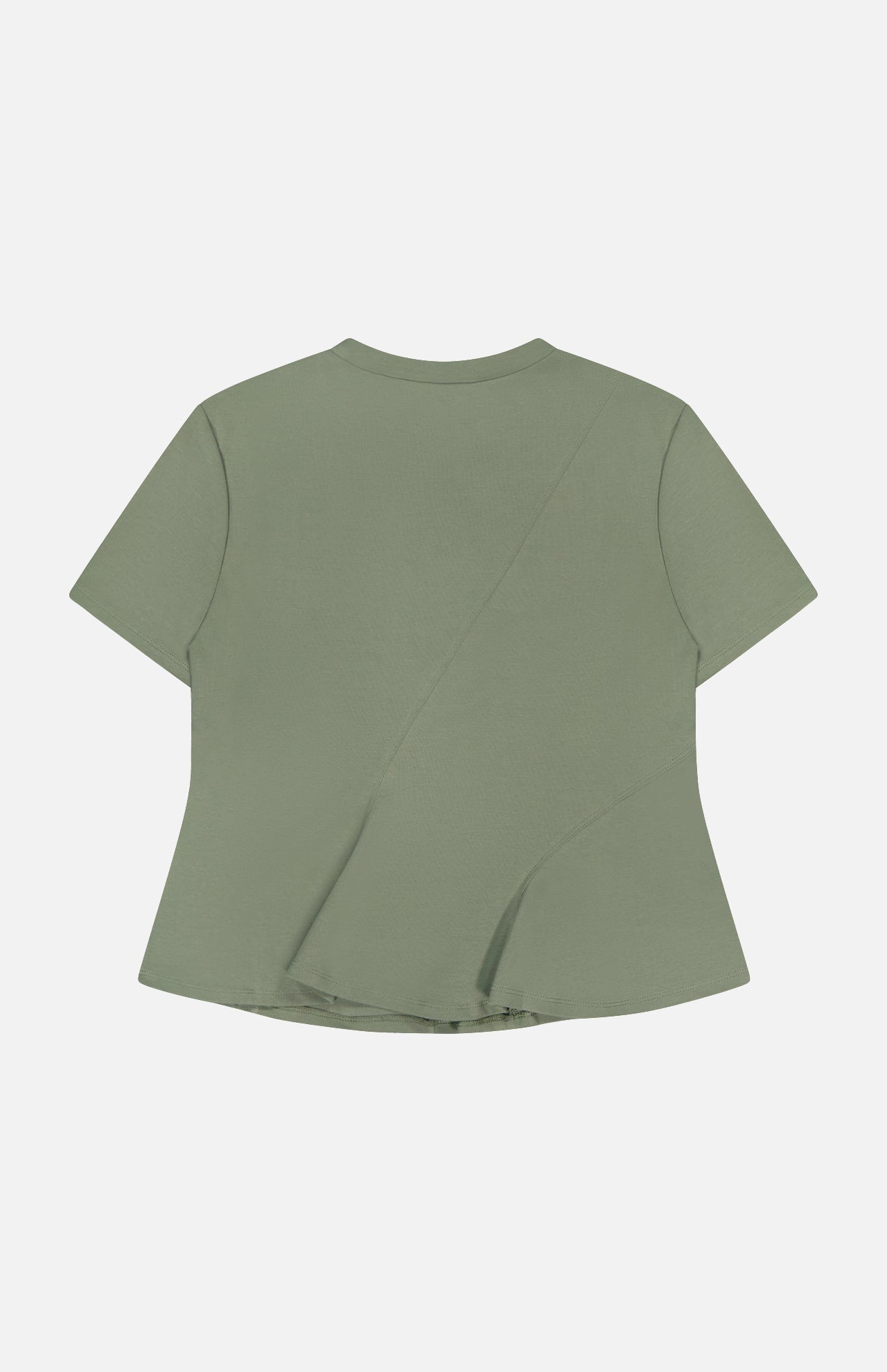 The VERONICA BEARD Syverin Asymmetrical Paneling T-shirt in light olive green features a short-sleeve design, subtle diagonal seam details, a slightly flared peplum hem, and is made from comfortable stretch cotton tee fabric.
