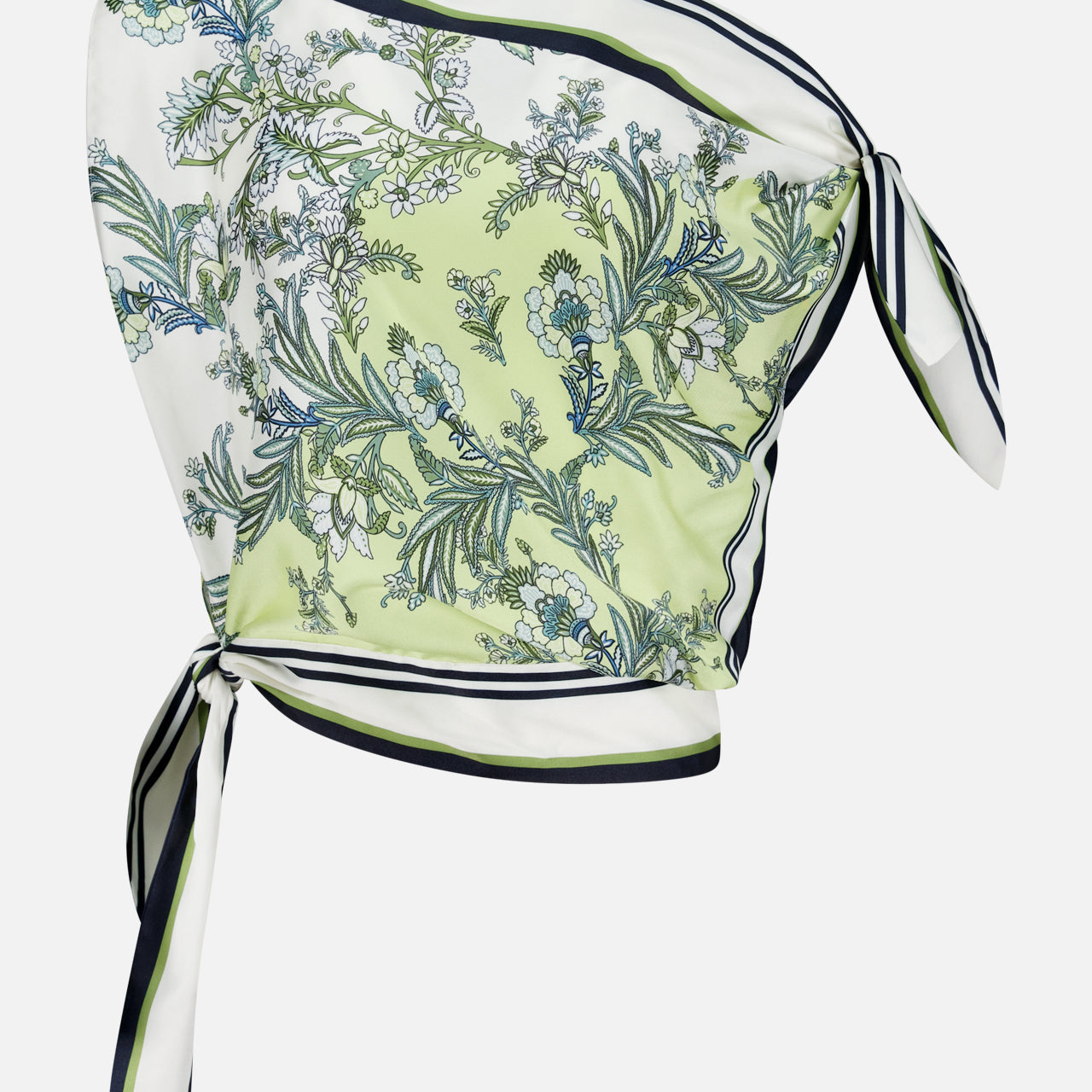 The VERONICA BEARD Tari One-shoulder Top features an asymmetrical, scarf-inspired silhouette with side and shoulder ties, showcasing green and white botanical prints with navy and black striped borders.
