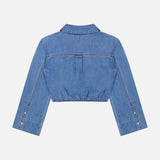 Back view of the VERONICA BEARD Timothy Twist Detail Shirt—a cropped denim shirt with collar, buttoned cuffs, twist waist detail, and visible seams—shown on a plain white background.