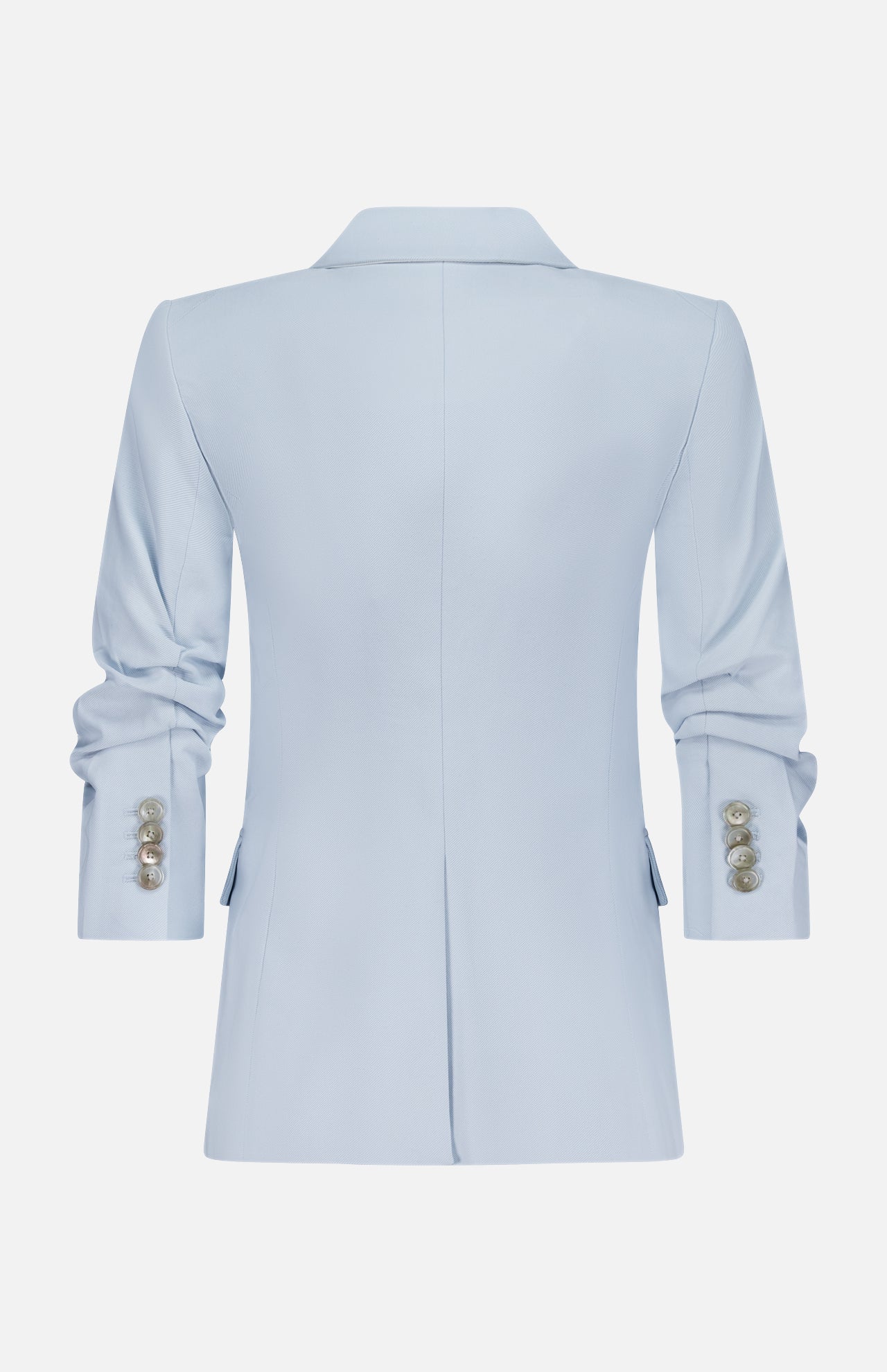 The Tomi Dickey Jacket by VERONICA BEARD is a pale blue Italian twill blazer with a notched collar, ruched sleeves, three decorative cuff buttons, and dickey compatibility for versatile styling.