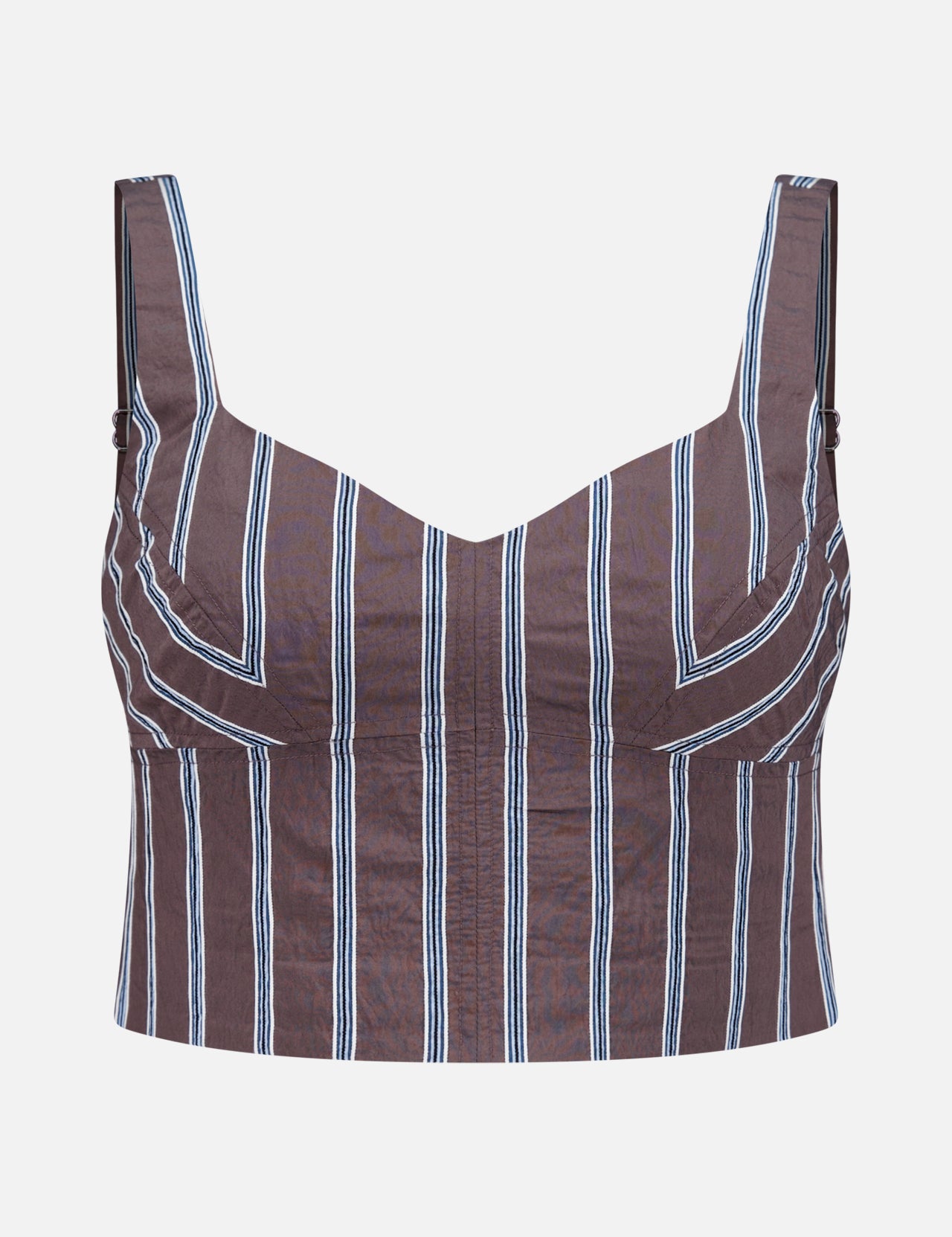 The Vonette Cropped Stripe Top by VERONICA BEARD is a mocha brown women's tank featuring wide shoulder straps, vertical white and blue stripes, a cropped fitted silhouette, and a straight hem, shown against a plain white background.