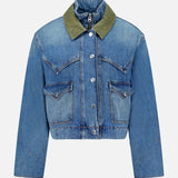 The Wegner Double Collar Denim Jacket by VERONICA BEARD is a cropped blue denim jacket featuring silver buttons, two chest pockets, and a contrasting olive green double collar, displayed on a plain white background.