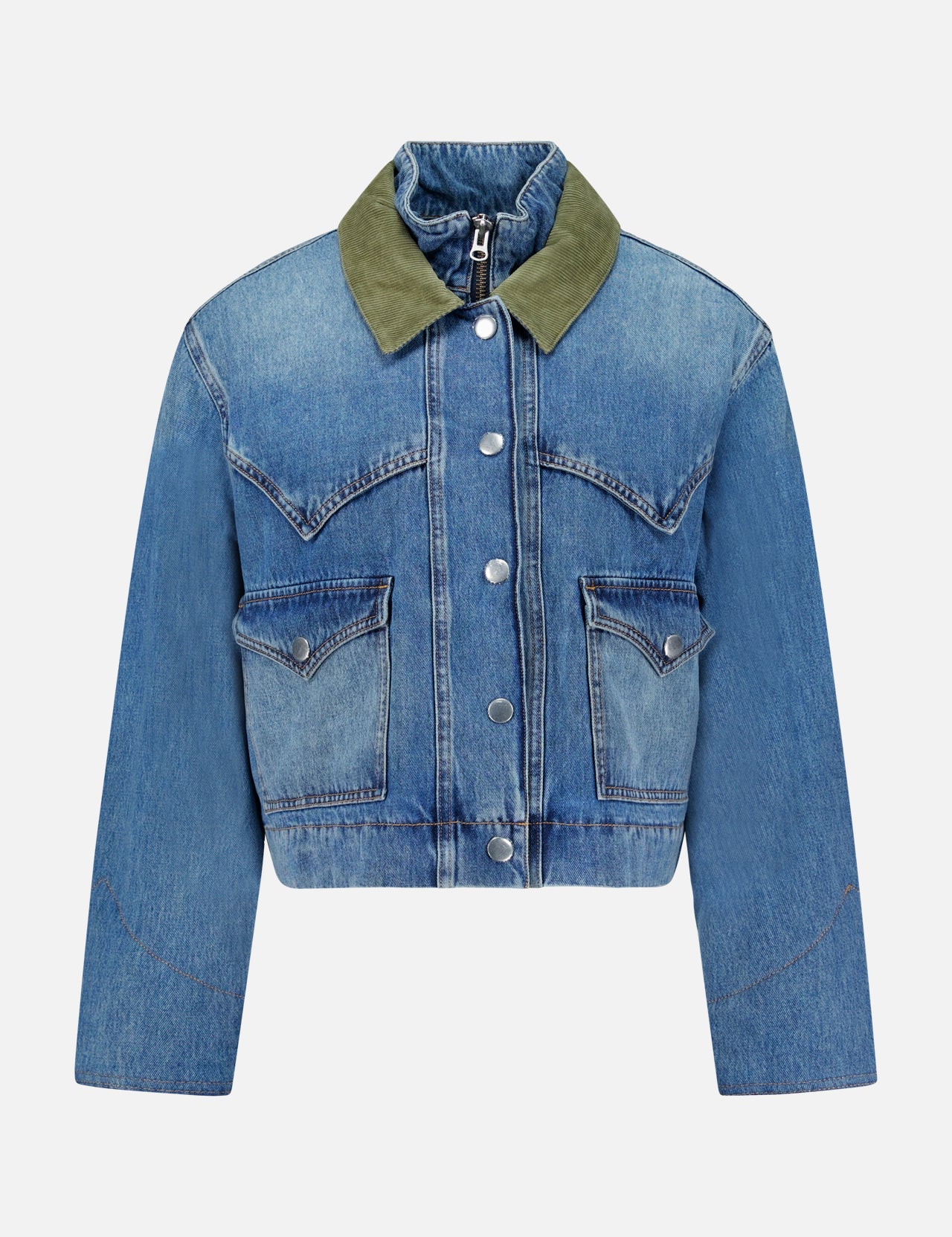 The Wegner Double Collar Denim Jacket by VERONICA BEARD is a cropped blue denim jacket featuring silver buttons, two chest pockets, and a contrasting olive green double collar, displayed on a plain white background.