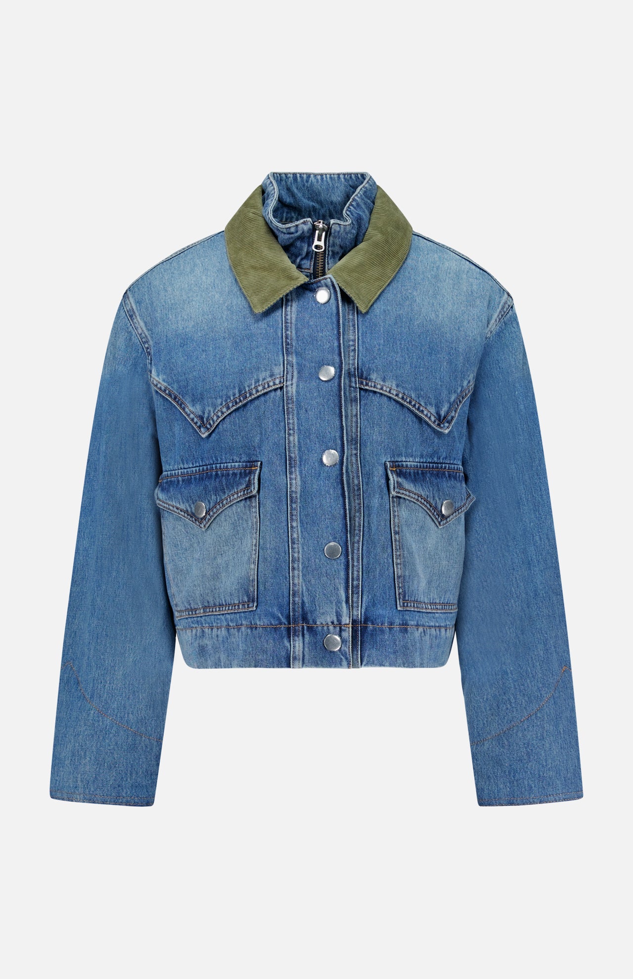 The Wegner Double Collar Denim Jacket by VERONICA BEARD is a cropped blue denim jacket featuring silver buttons, two chest pockets, and a contrasting olive green double collar, displayed on a plain white background.