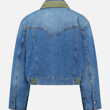 The VERONICA BEARD Wegner Double Collar Denim Jacket is shown from the back against a plain white background, highlighting its unique green collar layered over a classic blue double collar, subtle faded areas, metal buttons on the cuffs and sides, and a V-shaped yoke on the upper back.