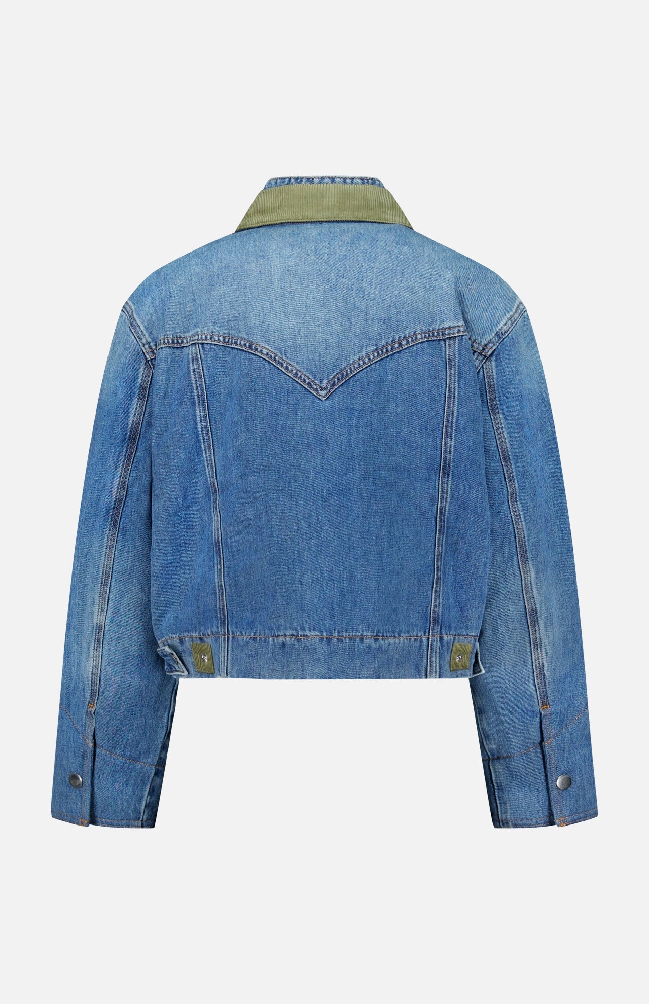 The VERONICA BEARD Wegner Double Collar Denim Jacket is shown from the back against a plain white background, highlighting its unique green collar layered over a classic blue double collar, subtle faded areas, metal buttons on the cuffs and sides, and a V-shaped yoke on the upper back.