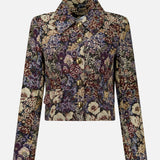Veronica Beard Wilde Brocade Jacket with Removable Collar in a multicolored floral print with a cropped silhouette, long sleeves, and gold-tone buttons.