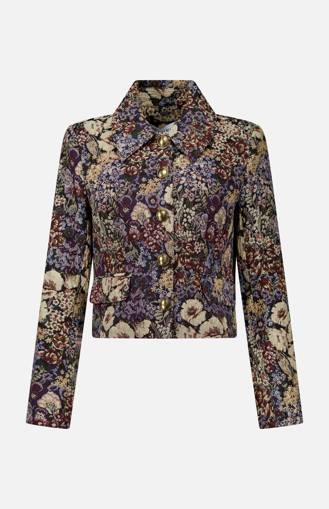Veronica Beard Wilde Brocade Jacket with Removable Collar in a multicolored floral print with a cropped silhouette, long sleeves, and gold-tone buttons.