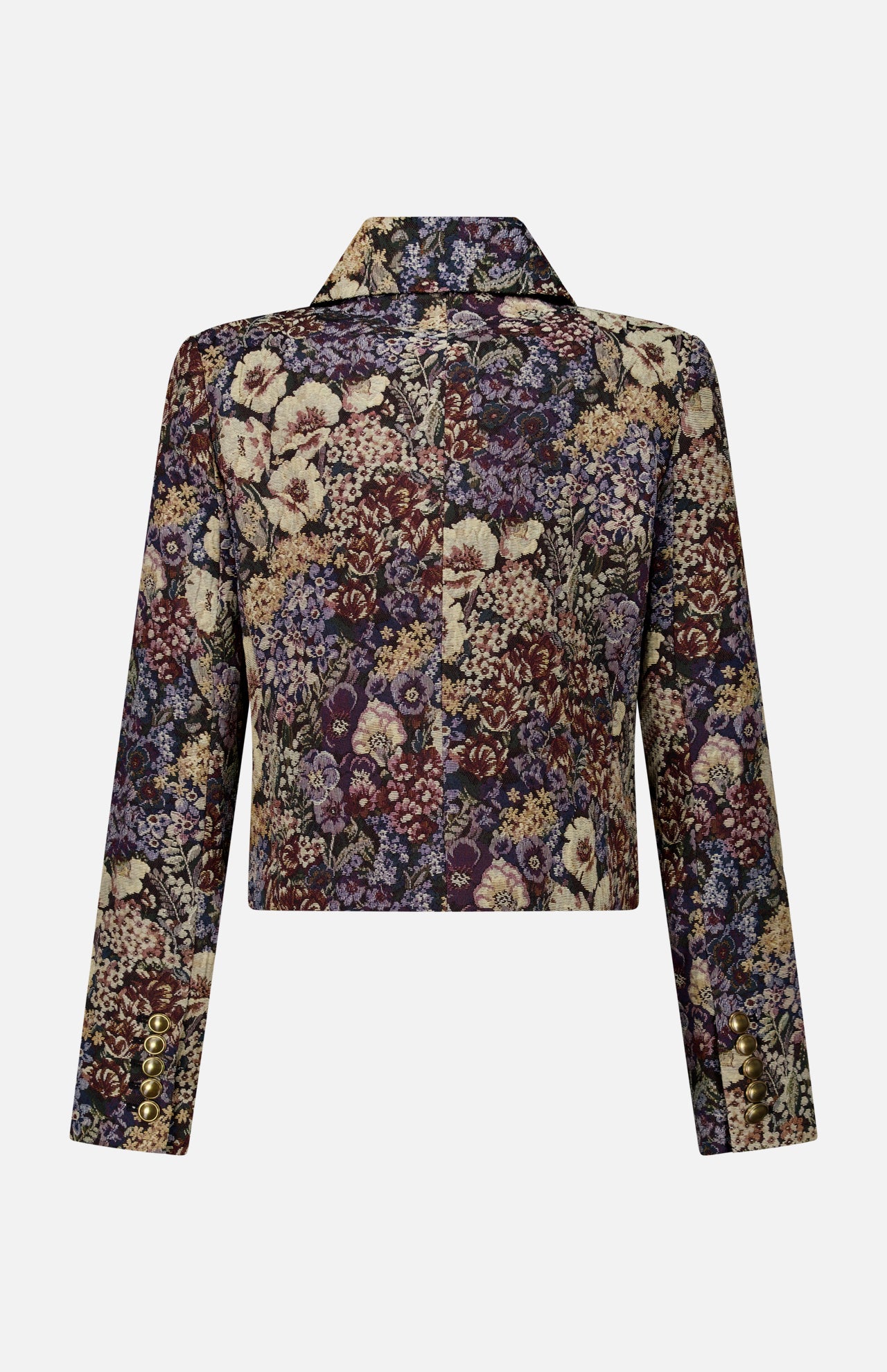 Back view of the Veronica Beard Wilde Brocade Jacket with Removable Collar, an Italian floral brocade cropped long-sleeve jacket in a dark, multi-colored print with a notched collar and gold buttons on the cuffs.