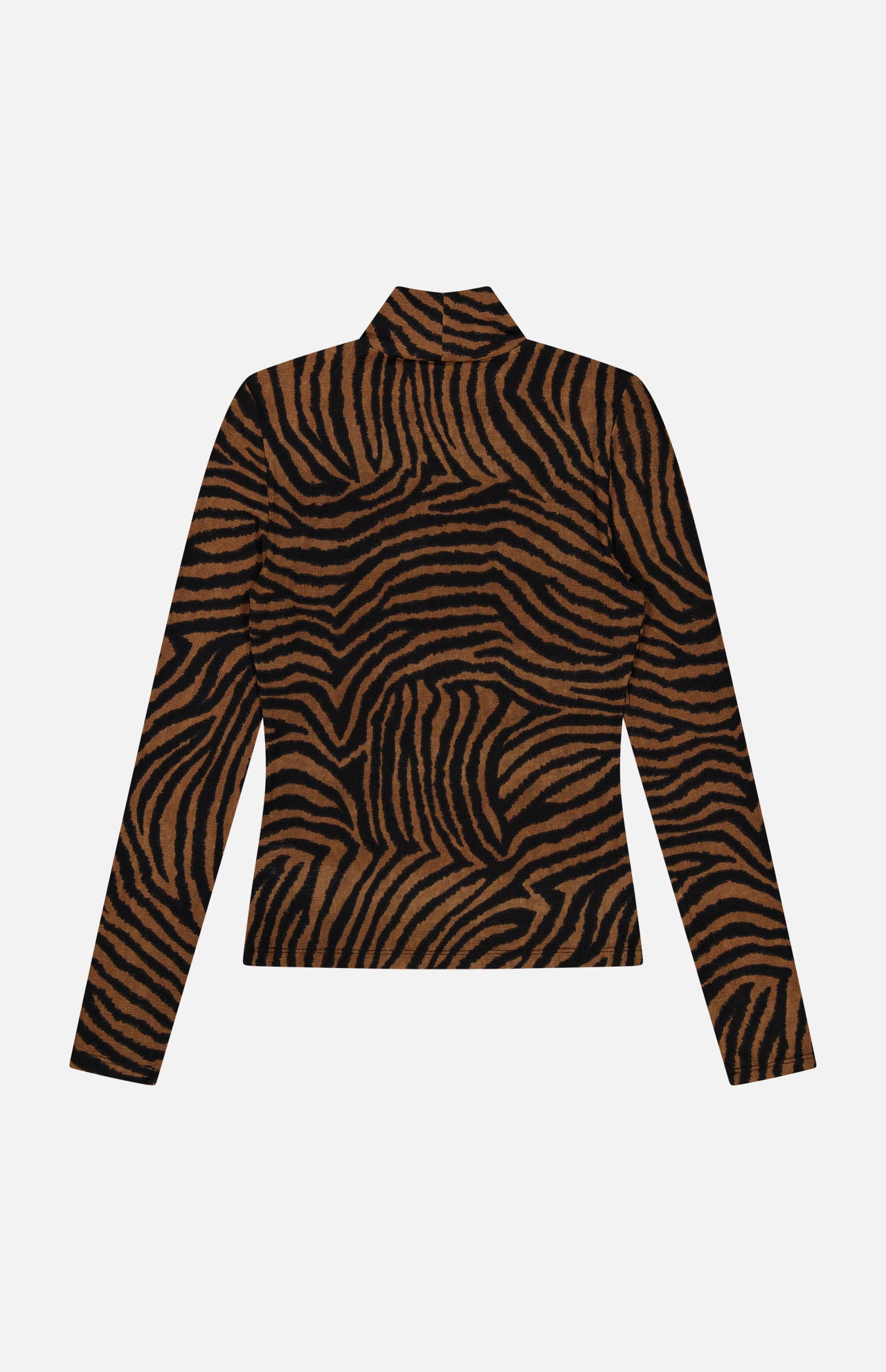Wyeth Ziger Print Turtleneck Top, a long-sleeved zebra print turtleneck, ideal as a layering piece.