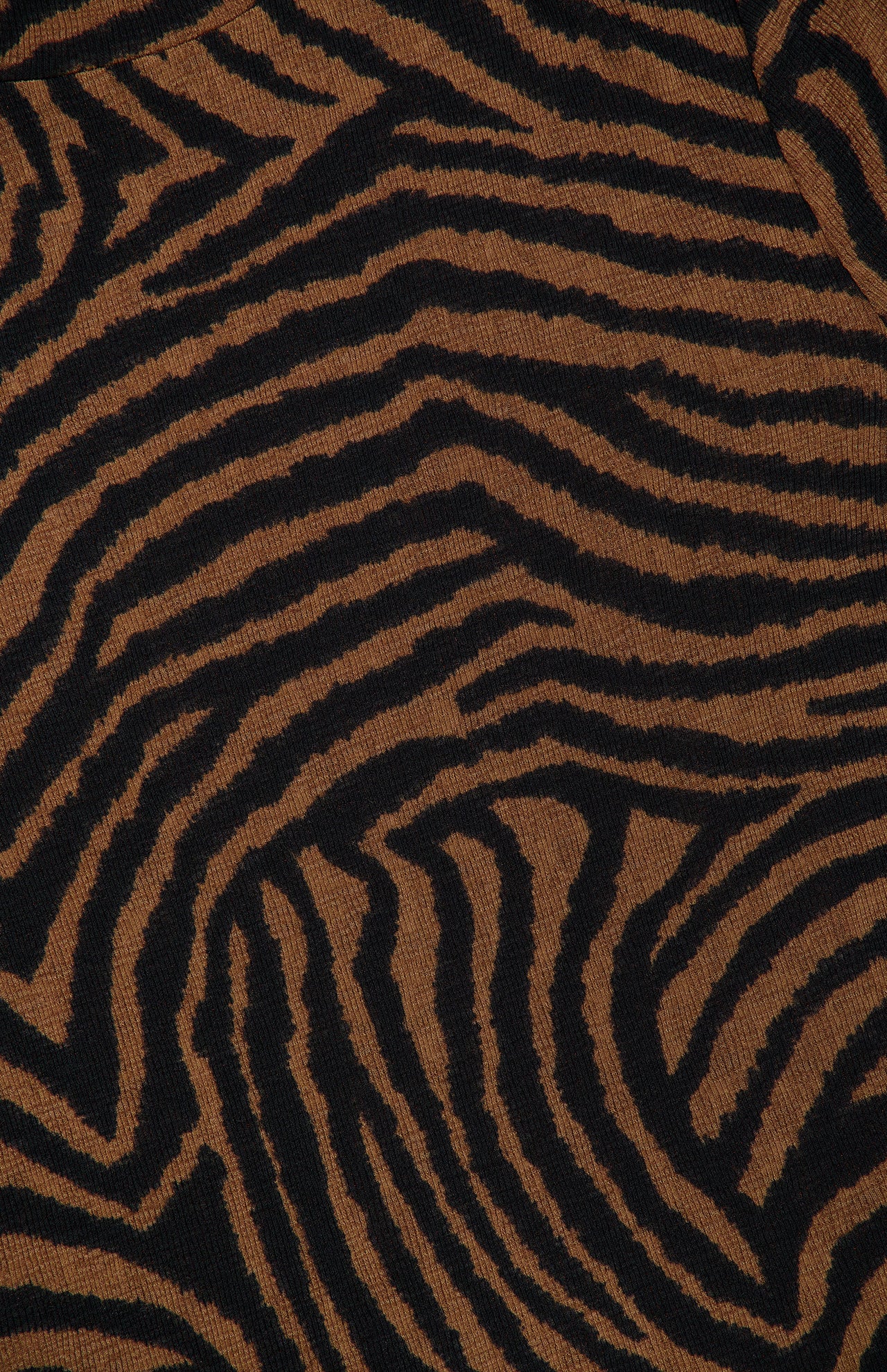 Close-up of a Veronica Beard Wyeth Ziger Print Turtleneck Top in a brown and black zebra print.