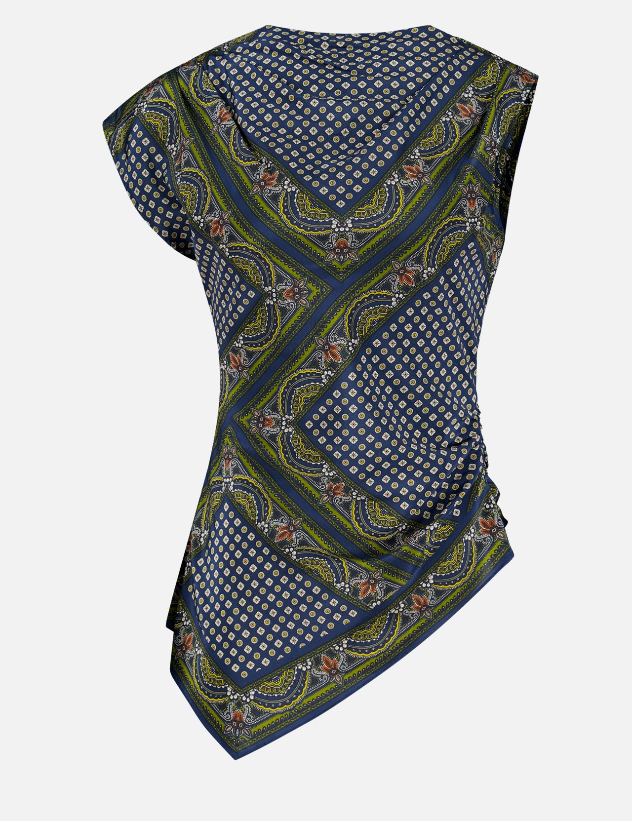 The Yvonne Scarf Print Top by VERONICA BEARD features asymmetrical short sleeves and a vibrant mix of blue, green, and yellow geometric and floral patterns. The draped fabric is ruched on one side for a distinctive gathered look. Shown from the back against a white background.