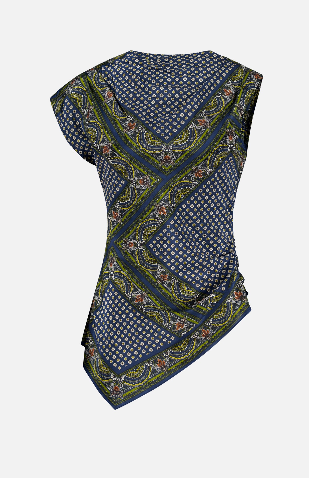 The Yvonne Scarf Print Top by VERONICA BEARD features asymmetrical short sleeves and a vibrant mix of blue, green, and yellow geometric and floral patterns. The draped fabric is ruched on one side for a distinctive gathered look. Shown from the back against a white background.