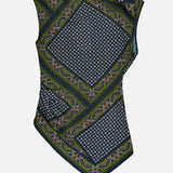 The Yvonne Scarf Print Top by VERONICA BEARD is a sleeveless style with an asymmetrical hem, showcasing a blue, green, and yellow geometric and floral patchwork pattern inspired by scarf prints.