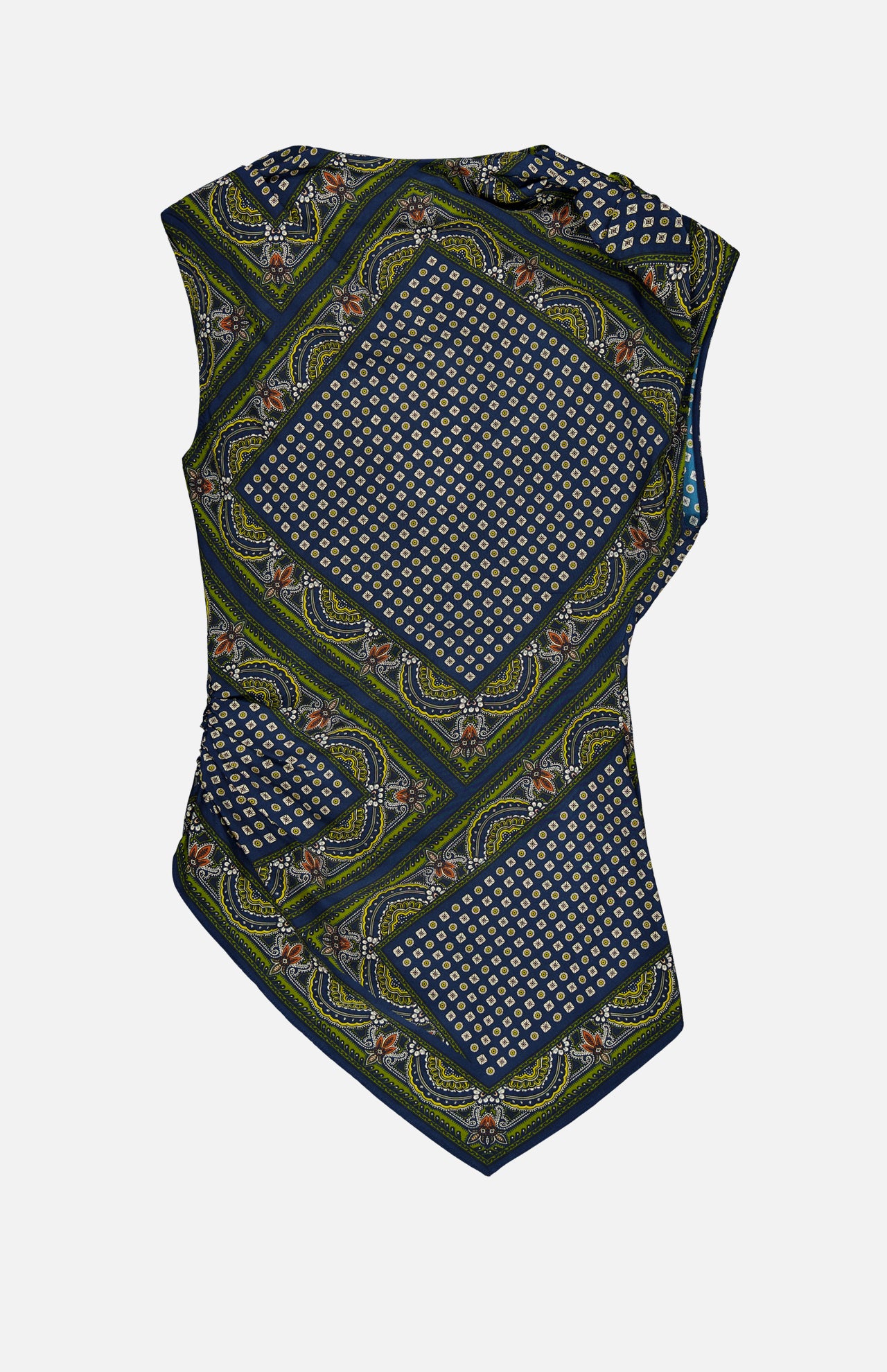 The Yvonne Scarf Print Top by VERONICA BEARD is a sleeveless style with an asymmetrical hem, showcasing a blue, green, and yellow geometric and floral patchwork pattern inspired by scarf prints.
