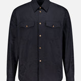 The VERSACE Baroque Jacquard Poplin Shirt features long sleeves, a black finish, two chest pockets, and signature Medusa buttons, shown against a plain white background.