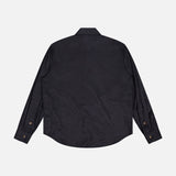 The VERSACE Baroque Jacquard Poplin Shirt, a long-sleeved black design with buttoned cuffs and Medusa buttons, is shown laid flat with its back facing up on a plain white background.