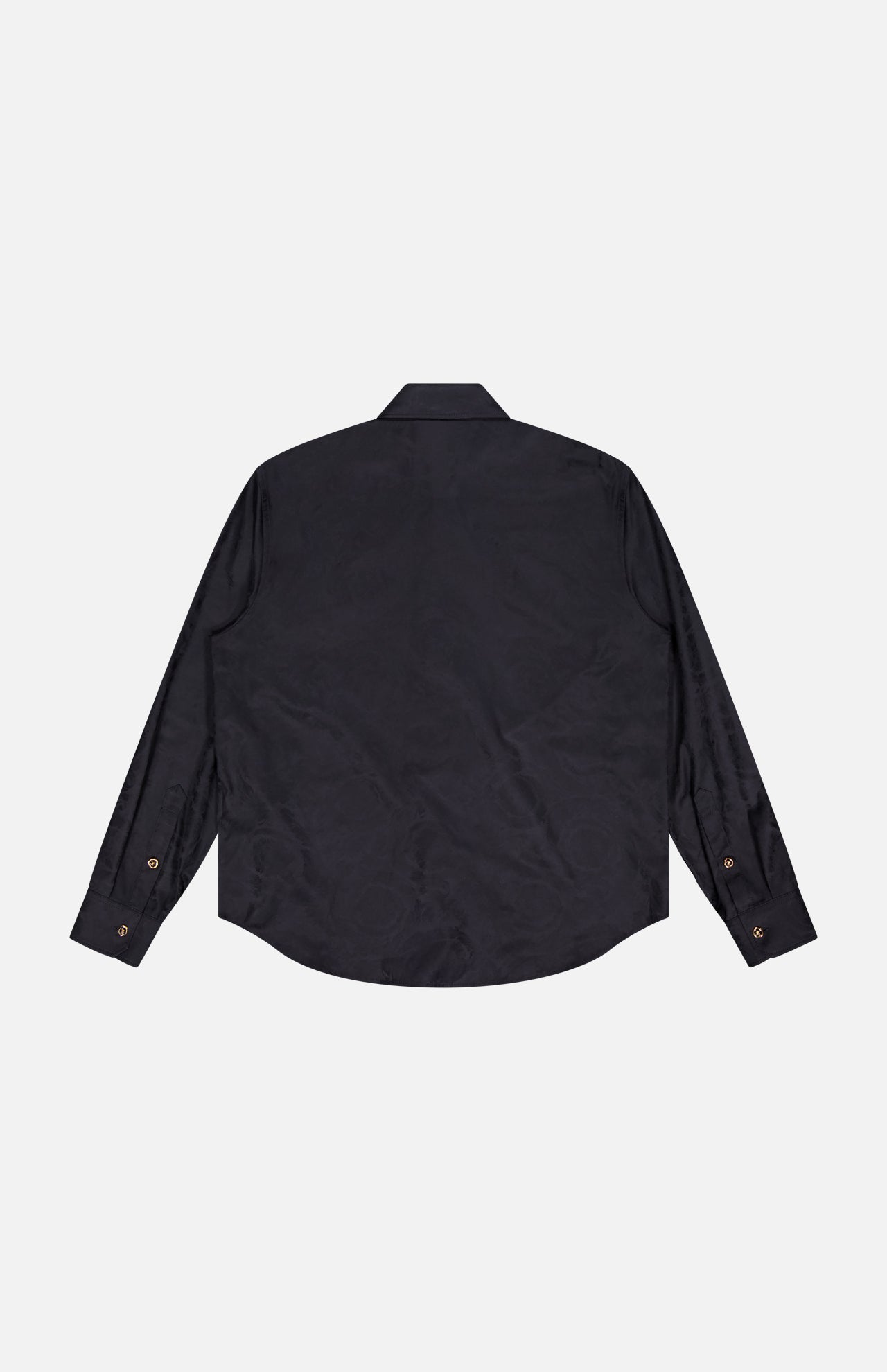 The VERSACE Baroque Jacquard Poplin Shirt, a long-sleeved black design with buttoned cuffs and Medusa buttons, is shown laid flat with its back facing up on a plain white background.