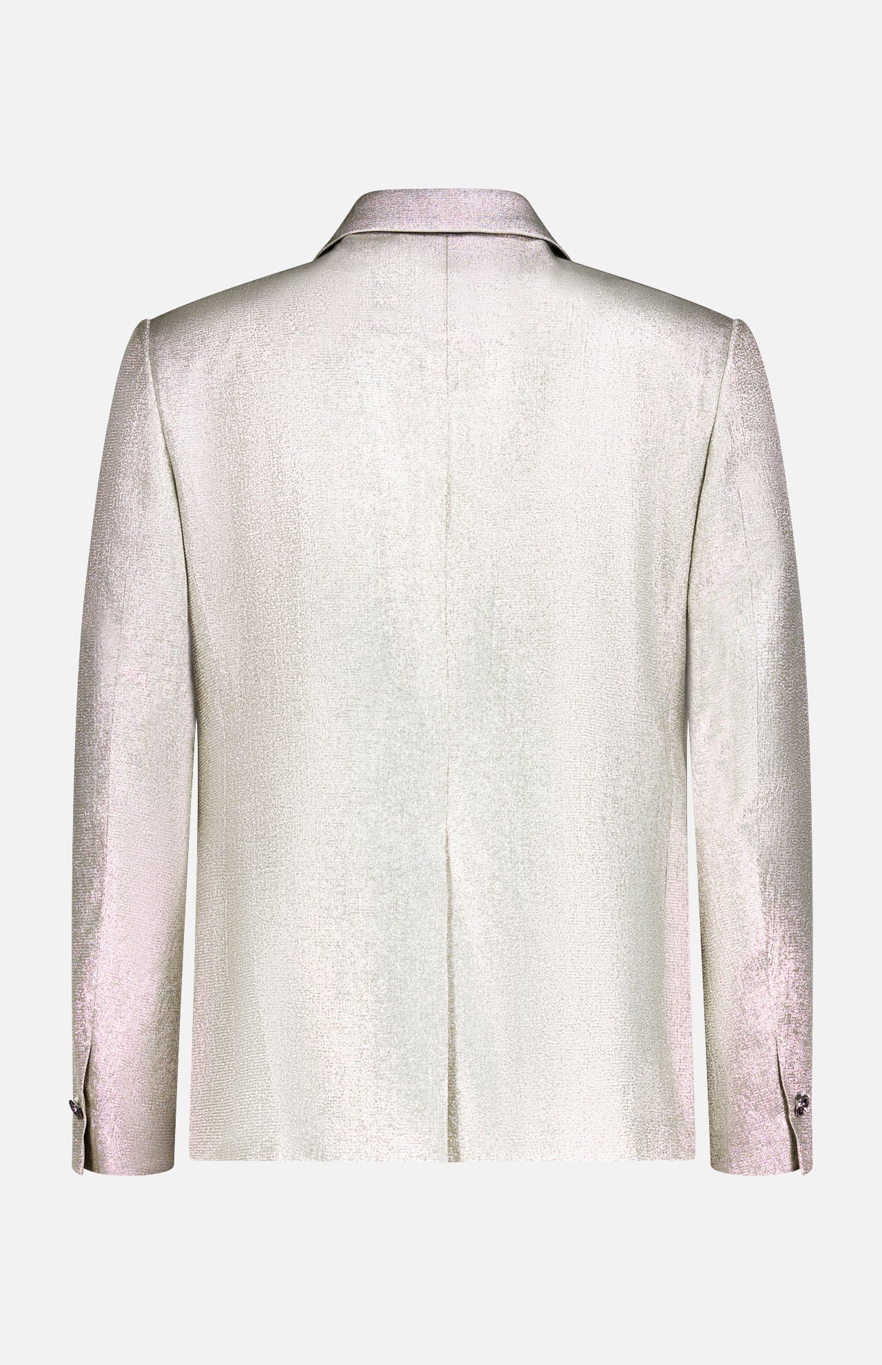 The image displays the back of the VERSACE Metallic Evening Tux Jacket, a light-colored lurex blazer with long sleeves, a center vent, and signature Medusa buttons on the cuffs for an elegant touch.
