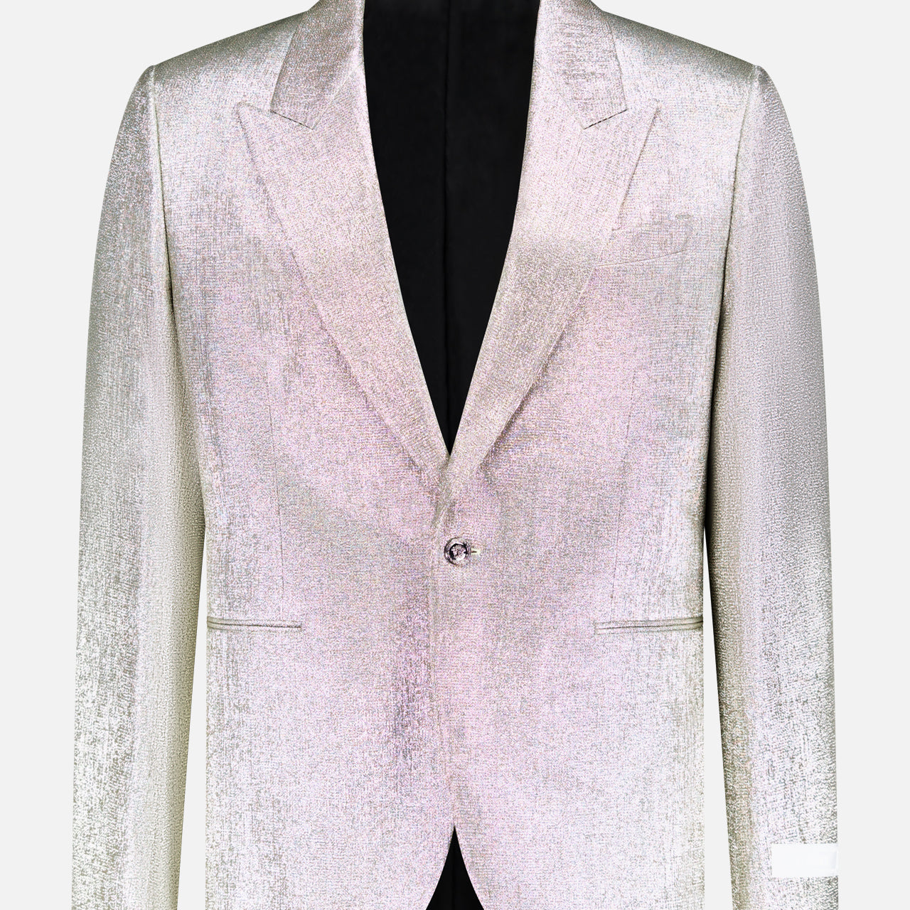 The VERSACE Metallic Evening Tux Jacket features a silver lurex finish, single button closure, notched lapels, two front pockets, and a breast pocket, shown against a plain white background.