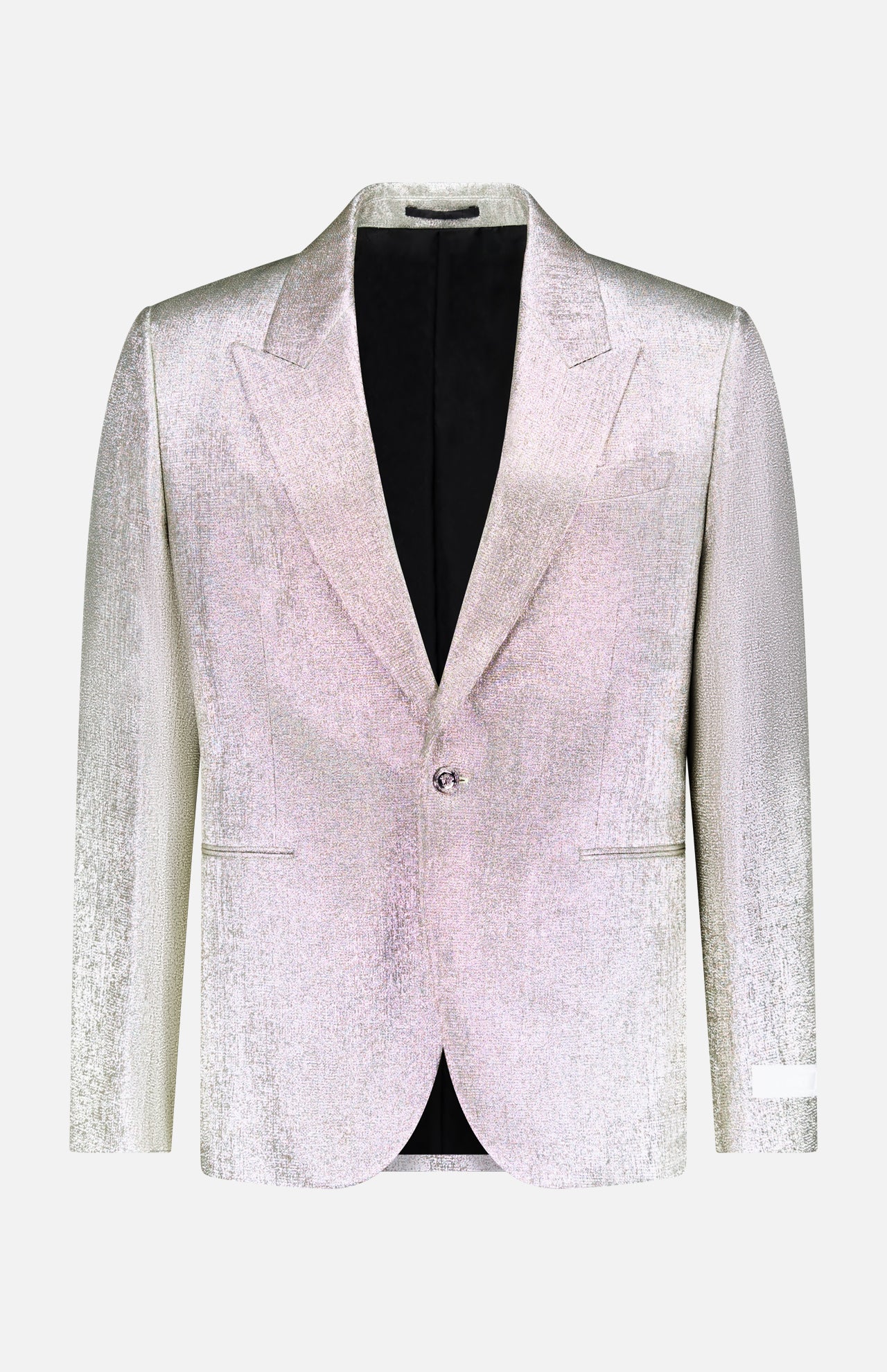 The VERSACE Metallic Evening Tux Jacket features a silver lurex finish, single button closure, notched lapels, two front pockets, and a breast pocket, shown against a plain white background.