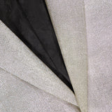 Close-up of the VERSACE Metallic Evening Tux Jacket, highlighting its light silver lurex texture, detailed lapel, black floral-patterned lining, buttonhole, and signature shiny Medusa button.