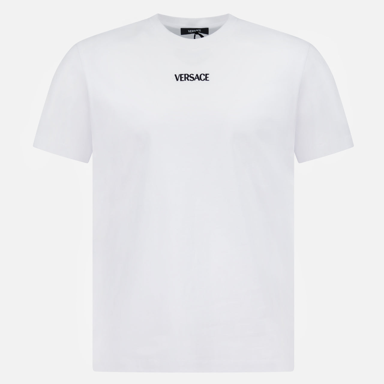 The Cotton Jersey Versace Embroidery T-shirt by VERSACE is a plain white short-sleeve tee featuring the brand’s name embroidered in black at the center chest—a modern classic of Italian menswear.