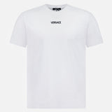 The Cotton Jersey Versace Embroidery T-shirt by VERSACE is a plain white short-sleeve tee featuring the brand’s name embroidered in black at the center chest—a modern classic of Italian menswear.