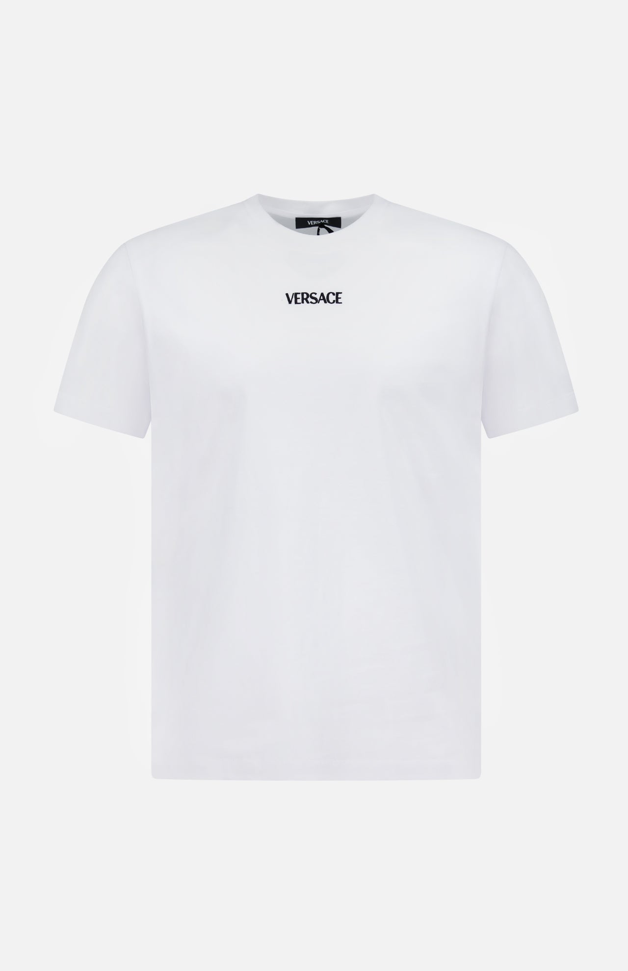 The Cotton Jersey Versace Embroidery T-shirt by VERSACE is a plain white short-sleeve tee featuring the brand’s name embroidered in black at the center chest—a modern classic of Italian menswear.