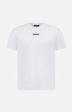 The Cotton Jersey Versace Embroidery T-shirt by VERSACE is a plain white short-sleeve tee featuring the brand’s name embroidered in black at the center chest—a modern classic of Italian menswear.