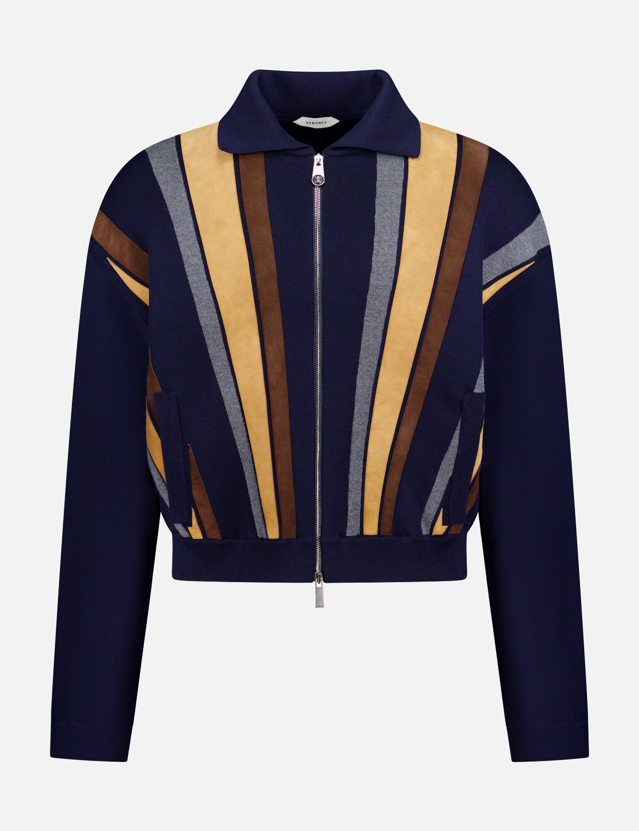 A luxury menswear piece by VERSACE, the Leather Patchwork Knit Jacket is a navy zip-up with collar, featuring bold geometric stripes in tan, brown, and gray—a modern wool-blend sweater-jacket style.