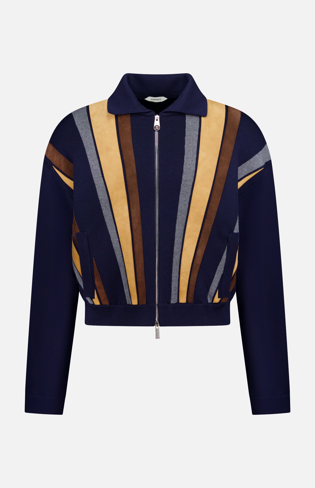 A luxury menswear piece by VERSACE, the Leather Patchwork Knit Jacket is a navy zip-up with collar, featuring bold geometric stripes in tan, brown, and gray—a modern wool-blend sweater-jacket style.