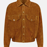 Upgrade your wardrobe with the VERSACE Leather Suede Effect Jacket—a designer men’s piece in brown suede-effect leather. This stylish jacket features a classic collar, gold-toned front buttons, two chest pockets with flaps and button closures, and an elastic waistband for a refined fit. Inspired by luxury Italian menswear, this sophisticated Versace jacket is presented on a plain white background.