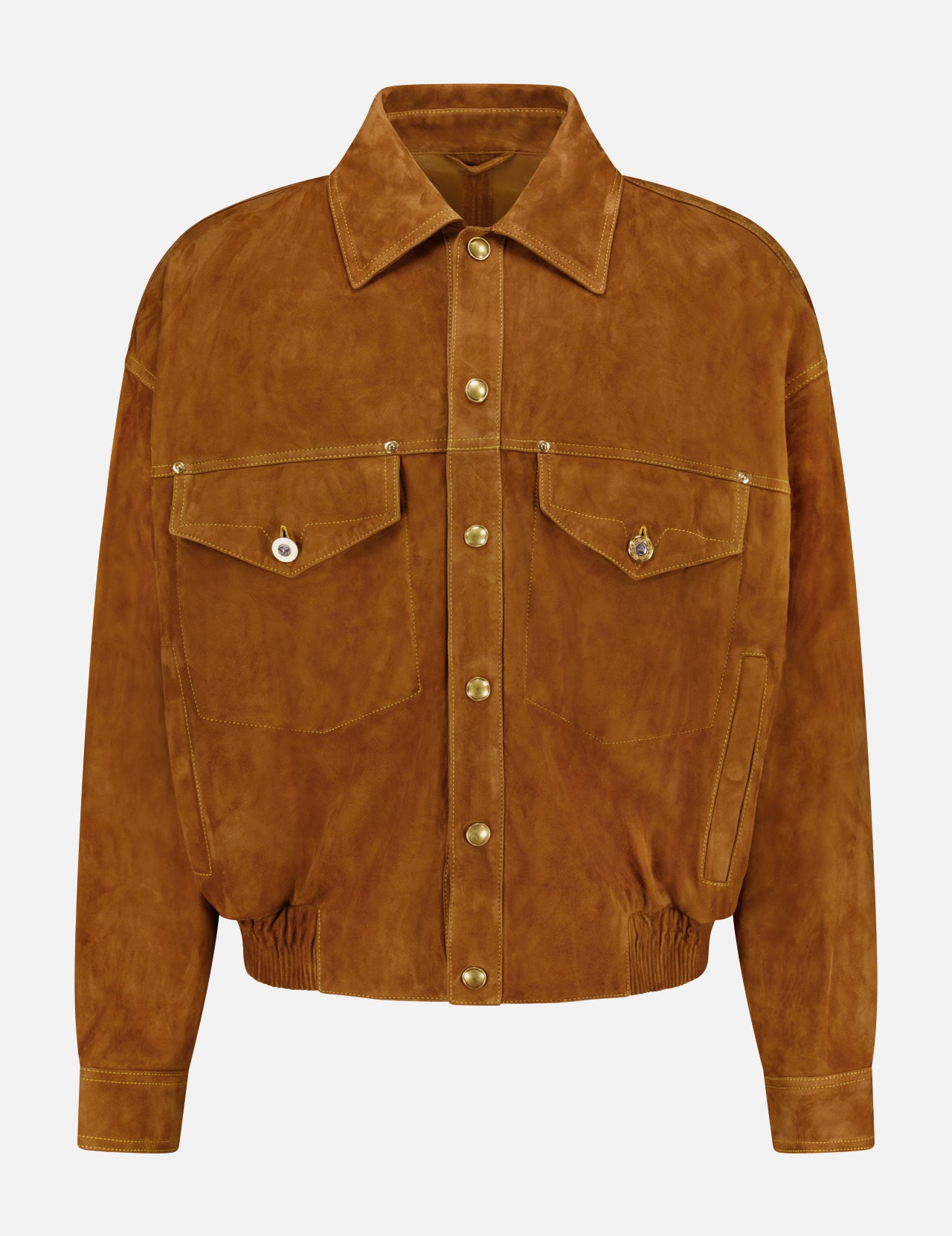 Upgrade your wardrobe with the VERSACE Leather Suede Effect Jacket—a designer men’s piece in brown suede-effect leather. This stylish jacket features a classic collar, gold-toned front buttons, two chest pockets with flaps and button closures, and an elastic waistband for a refined fit. Inspired by luxury Italian menswear, this sophisticated Versace jacket is presented on a plain white background.