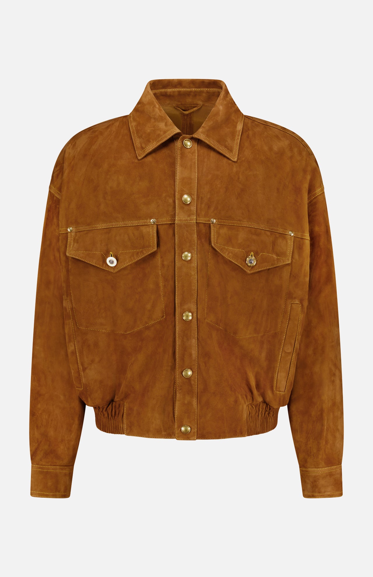 Upgrade your wardrobe with the VERSACE Leather Suede Effect Jacket—a designer men’s piece in brown suede-effect leather. This stylish jacket features a classic collar, gold-toned front buttons, two chest pockets with flaps and button closures, and an elastic waistband for a refined fit. Inspired by luxury Italian menswear, this sophisticated Versace jacket is presented on a plain white background.