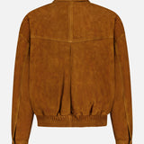 Leather Suede Effect Jacket by VERSACE photographed from the back, featuring a gathered waistband, long sleeves with buttoned cuffs, and visible stitching details. This men’s designer jacket offers a relaxed fit with a smooth, matte suede-effect texture.
