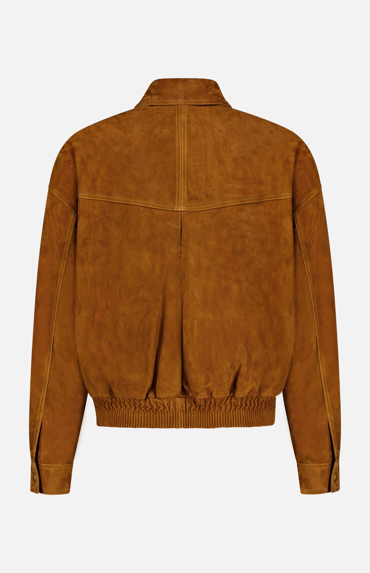 Leather Suede Effect Jacket by VERSACE photographed from the back, featuring a gathered waistband, long sleeves with buttoned cuffs, and visible stitching details. This men’s designer jacket offers a relaxed fit with a smooth, matte suede-effect texture.