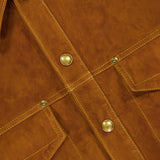 Close-up of the VERSACE Leather Suede Effect Jacket in brown, showcasing gold snap buttons, intricate stitching, and glimpses of two front pockets—an iconic piece of luxury Italian menswear.