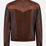 The VERSACE Leather Unit Mix Trucker Jacket, shown from the back, features panels of smooth, suede, and embossed crocodile textures with buttoned cuffs and waistband details, capturing the essence of a men's slim fit style.